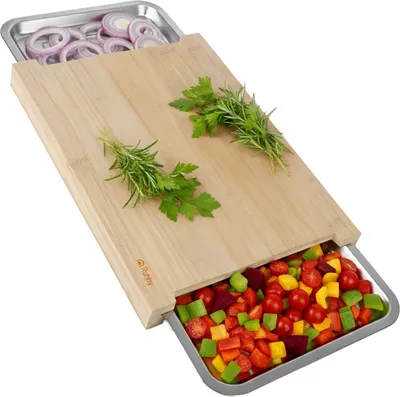 Image de Planche à découper en bambou avec 2 tiroirs – Planche de cuisine en bambou avec récipients en acier inoxydable – RUHHY