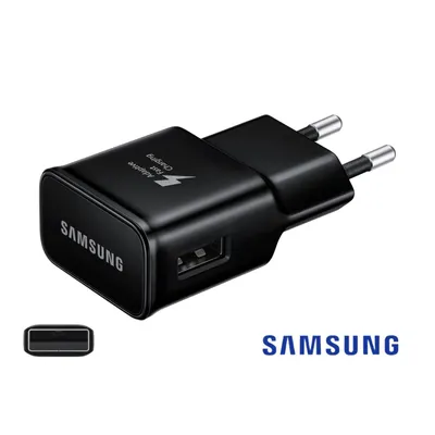 A black Samsung fast charging wall adapter with a USB-A port is shown on a white background. A smaller image of a USB-A port is also visible.