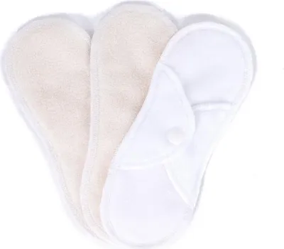 Three reusable sanitary pads are arranged in a fan shape against a white background.