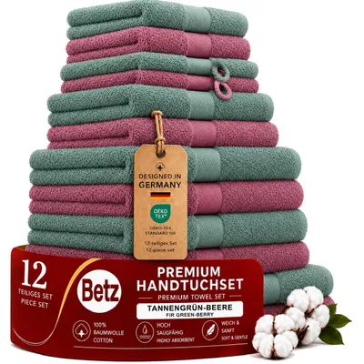 Produktbild von Betz 12-tlg. Handtuch-Set PREMIUM 2 Duschtücher 4 Handtücher 2 Gästetücher 2 Seiftücher 2 Waschhandschuhe Farbe: beere/tannengrün