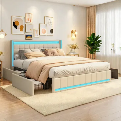 Immagine prodotto di ProximaX Letto matrimoniale moderno 140x190 cm con illuminazione LED perimetrale, stazione di ricarica USB e 4 cassetti in metallo, tessuto di lino, beige