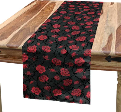 Produktbild von ABAKUHAUS Rot und Schwarz Tischläufer, Romantische Vintage Rosen-Illustration altmodische viktorianische Kunst, 40 x 225 cm, Koksgraue Schwarz Rot