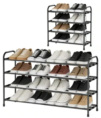 Zdjęcie produktu dla Półka na buty - metalowa, wysuwana półka na buty z 4 półkami - regulowana szerokość - wolnostojąca półka do przechowywania butów, idealna do przedpokoju i wejścia