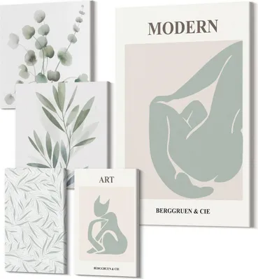 Produktbild von Leinwandbilder Mehrteilig 5-teilig – Modernes Design – Hochwertiger Polycanvas Kunstdruck – Wanddekoration & Wandkunst – Bilder für Zuhause – 2x 30x30 cm + 2x 20x30 cm + 1x 40x60 cm – Stilvolle Grafiken mit Pflanzenmotiven und abstrakten Formen