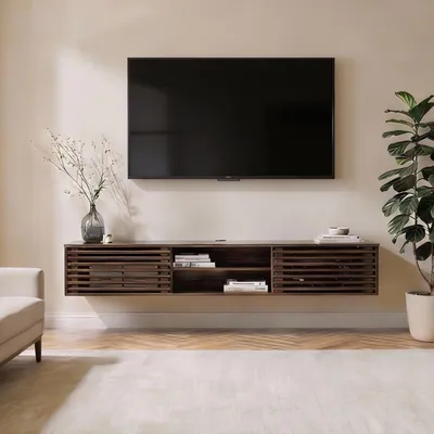 Produktbild von Lowboard RIAN, 175 cm hängend aus Massivholz, Nussbaum Finish - TV Schrank mit Lamellentüren, Wohnzimmermöbel im Mid Century Style, Wandmontage ideal für Fernseher [max. Belastbarkeit 50 kg]