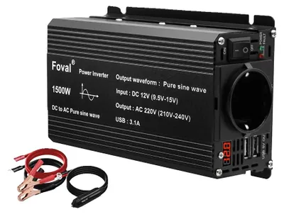 Obrázek produktu pro Měnič napětí, čistá sinusoida, LED displej, 12V, 1500W, EU, 2 USB porty