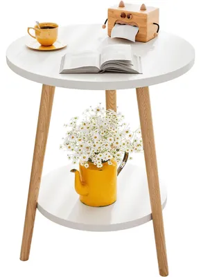 Produktbild von Zweistufiger Beistelltisch, runder Couchtisch mit Stauraum, zweistufiger Beistelltisch mit runden Ablagen, Nachttisch aus Holz mit Stahlgestell, 38 x 55 cm (ohne Ladestation, weiß)