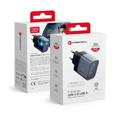 Zdjęcie produktu dla Ładowarka sieciowa Forcell F-Energy GaN - 45W ze złączami: USB C i USB A z ładowaniem PD i QC 4.0
