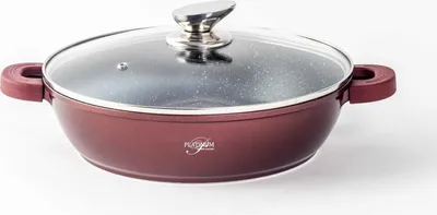 Obrázek produktu pro WOK servírovací pánev Pánev na dušení / nízká pánev / servírovací pánev Hrnec na vaření indukce Ø24cm Pánev z litého hliníku Silikonové rukojeti Vínová barva