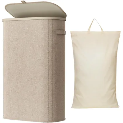 Produktbild von Wäschekorb Wäschebox Wäschesack - Klappbar - 65 L - Beige - Mit Deckel und Innenbeutel - Für Badezimmer und Schlafzimmer