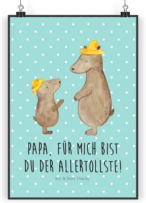 Produktbild von Mr. & Mrs. Panda Bild Bären mit Hut DIN A3 - Türkis Pastell - Geschenk, Familie, Family, Vatertag, Plakat, Kinder, Muttertag, Wandbild, wanddeko, Kunstdruck, drucke, Bär