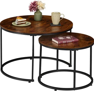Produktbild von Relaxdays Satztisch, 2er Set, Holzoptik & Metall, Industrial-Design, runde Beistelltische, Wohnzimmer, braun/schwarz