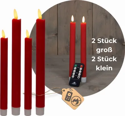 Produktbild von Sparset Stabkerzen LED mit Timer Klein+Groß ROT 4 Stück ROT indoor - 6 Stunden - ECHTWACHS 18cm+23cm Höhe für Kerzen 2,2cm Durchmesser 2 AAA Batterien notwendig LED Stabkerzen flackernde Flamme