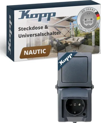Produktbild von Kopp NAUTIC Wechselschalter-Steckdosen-Kombination in Anthrazit - Sichere Aufputz-Steckdose mit Deckel & erhöhtem Berührungsschutz - Senkrechter IP44 Feuchtraum-Schalter mit Steckdose 16A / 250V