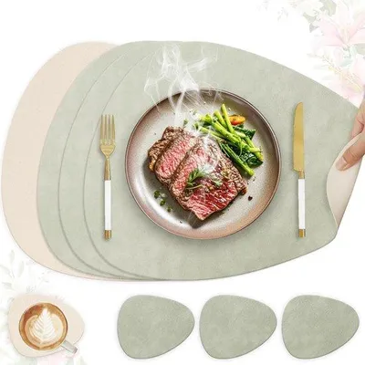 Immagine prodotto di Tovagliette effetto pelle con base antiscivolo, ovali, verde chiaro e beige, set da 4 pezzi, impermeabili