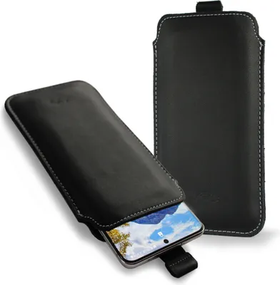 Produktbild von LURESKO NEW LILLA XXXL Leder-Schutzhülle für Handys von 6,5" bis 6,9" (Glatt, Schwarz, Weißer Faden)