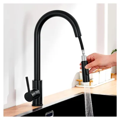 Produktbild von Küchenwasserhahn Schwarz, Hochdruck Küchenarmatur Ausziehbar mit 2 Strahlarten, 360° drehbare Mischbatterie aus Edelstahl