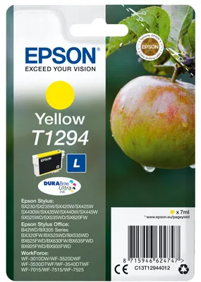 Obrázok produktu pre Epson Apple Jednofarebný atrament DURABrite Ultra T1294 jablko Yellow, Low Yield, Žltá, Atrament na pigmentovej báze, 7 ml, 1 kusov, Balenie po jednom kuse