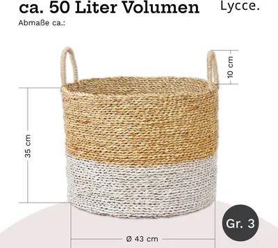 A woven basket with dimensions indicated by measurement lines and text.