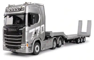 Zdjęcie produktu dla Amewi Scania 770 S, zestaw ciągnika siodłowego + naczepa platformowa, skala 1:18, kolor srebrny