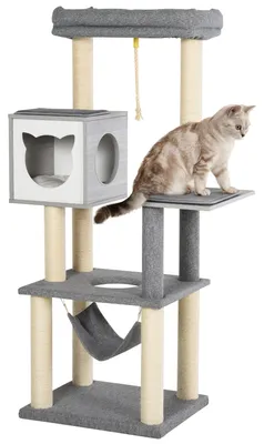 Produktbild von Kratzbaum – Katzenbaum – Kratzmöbel – Katzhaus – Katzenkorb – 155 cm hoch – Mit Hängematte und Sisal-Kratzstangen