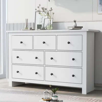 Produktbild von STILVORA Moderner Beistellschrank Sideboard im Landhausstil mit mehreren Schubladen,Aufbewahrungsschrank mit einem verstellbaren Mittelfuß und klaren Linien,weiß
