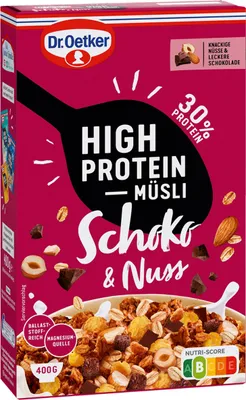 A product box for Dr. Oetker High Protein Muesli, Schoko & Nuss flavor.