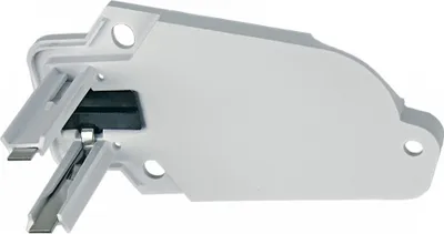 A close-up, isolated shot of a white electronic component with metallic contacts.