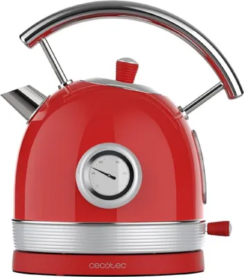 A red electric kettle with a silver handle and base, featuring a temperature gauge on the front.