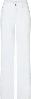 A pair of white wide-leg trousers shown from the front.