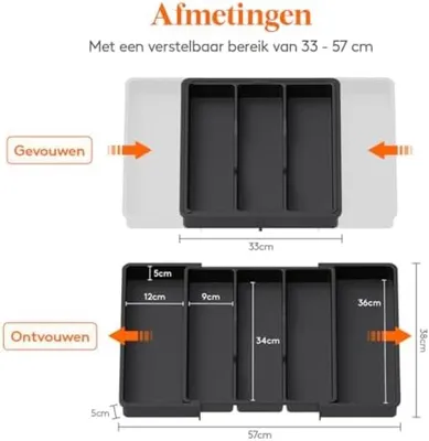 Produktbild von PolkaHome® Besteckladen-Organizer, ausziehbarer Küchenschubladen-Organizer, verstellbarer Besteckkasten, 33-57 x 38 x 5 cm, Schwarz