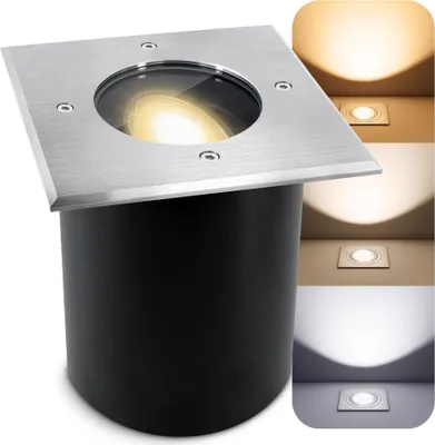 Produktbild von SSC-LUXon JUAVI Bodeneinbaustrahler Außenlampe dimmbar IP67 - mit LED GU10 LumiFLEX 6W drei Lichtfarben - Bodenspot eckig befahrbar rostfrei