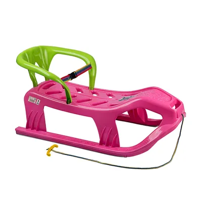 A pink and green plastic sled with a backrest and a pull rope, isolated on a white background.