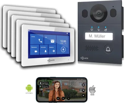 Produktbild von Goliath Basic Line 2-Draht Video Türsprechanlage Weiß/Anthrazit : 5 Monitore : Aufputzdose Monitor Anzahl: 5 Monitore Türklingel Montagedose: Aufputzdose