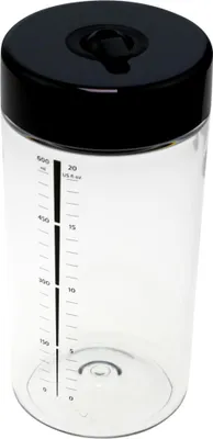 A clear, studio shot of a transparent plastic milk container with a black lid.