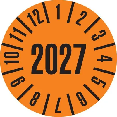 Produktbild von Dreifke® Prüfplakette 2027, orange, Dokumentenfolie, selbstklebend, Ø 35mm, 1...