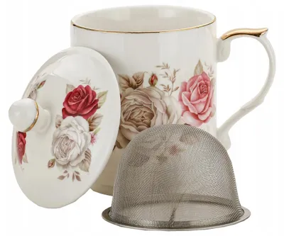 Produktbild von Kaffee- und Teetasse mit Teesieb „Blumen – Rose“ JUMBO 450 ml, Porzellan
