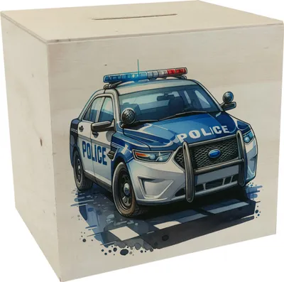 Produktbild von Polizeiauto mit Blaulicht Spardose aus Holz