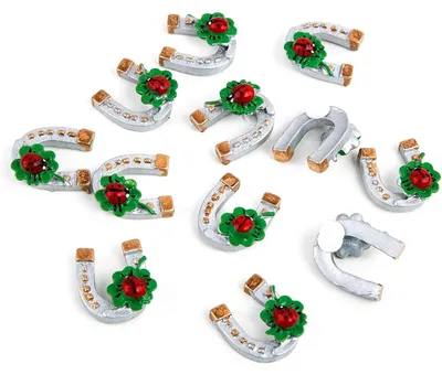 Produktbild von 12 Mini Hufeisen Silber Gold mit Kleeblatt + Marienkäfer - Silvester Deko Streudeko Glücksbringer