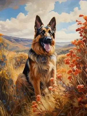 Productafbeelding van Schilderij op nummer: Duitse herdershond in de bergen, 40x50 cm, op canvas, inclusief lijst. Creatief