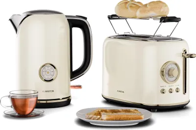 Produktbild von Klarstein Victoria Toaster Wasserkocher Set, Retro Design, 2 Scheiben Toaster mit 7 Bräunungsstufen & Brötchenaufsatz, 1,7L Wasserkocher mit Kalkfilter, Frühstücksset, Cream