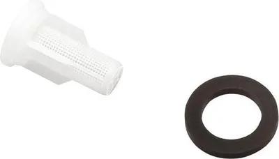 A white mesh filter and a black rubber ring are shown against a white background.