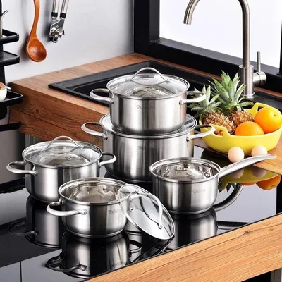 Image de Batterie de cuisine MartiCo® - Induction - Acier inoxydable - 5 pièces - Avec couvercles en verre - Casseroles
