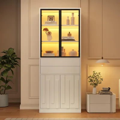 Immagine prodotto di Vetrina illuminata a LED controllabile tramite app, mobile vetrina con 4 ante e 2 cassetti, vetrina in vetro temperato, 7 scomparti, colore bianco