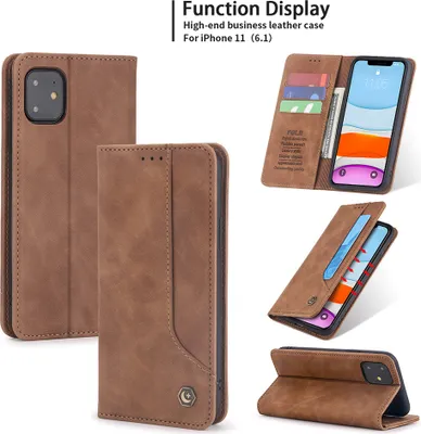 Image de Étui en cuirPolyuréthanerétro pour iPhone 11 Étui design avec porte-cartes et support Marron