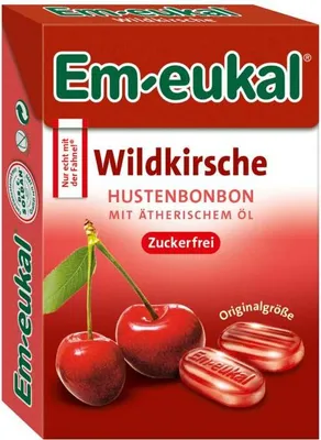 Produktbild von Em eukal Box Wildkirsche Hustenbonbon Ätherische Öle zuckerfrei 50g
