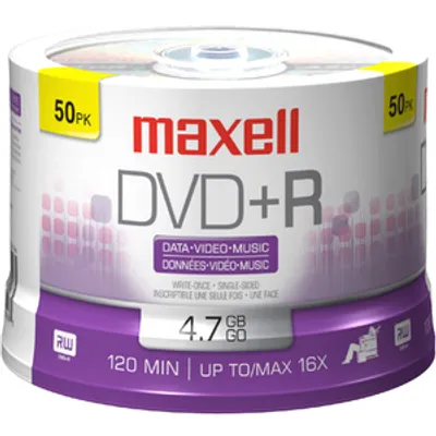 Produktbild von Maxell DVD+R 4.7GB 16x Spindle 50pk, -5 - 55 °C, -10 - 55 °C, 3 - 85 %, 3 - 90 %, 120 x 15 x 1.2 mm, Spindel
