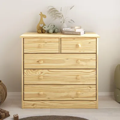Produktbild von Kommode RONDO aus Kiefer Massivholz, natur - Kinderzimmer Schubladenkommode mit 5 Schubladen und Holzgriffen