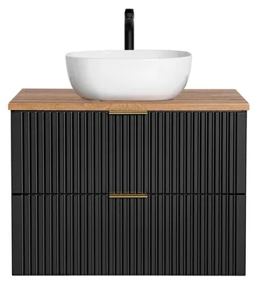 Produktbild von Set Waschbeckenunterschrank NOXERA 80 cm – Mattschwarz und Eiche – 2 Schubladen + Waschbecken