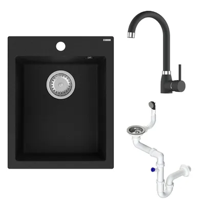 Produktbild von GranMaster Ivo Granitspüle 1 Becken mit Armatur und Siphon - Spülbecken Arbeitsplatte Küche Waschbecken mit Granit Schwarz Wasserhahn, Spüle ohne
